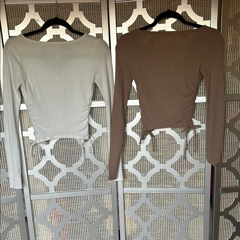 Hollister Women's Ribbed Button-Up Tops - Cream and Brown